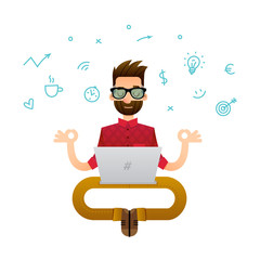 Vector illustration of a super professional programmer or project manager. Funny cartoon character of a person in a yoga pose.