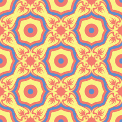 Flower design seamless pattern. Bright yellow and blue flower elements on salmon red background
