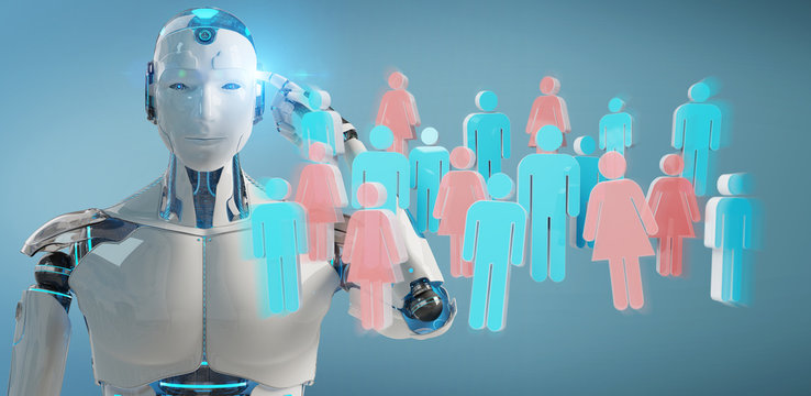 White cyborg controlling group of people 3D rendering