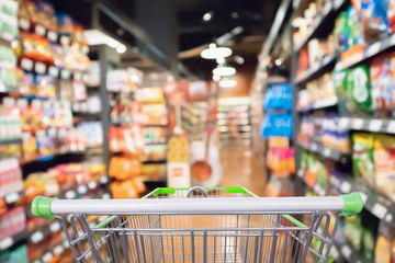 supermarket aisle and product shelves background with empty shopping cart