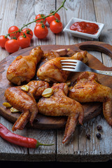 Baked chicken legs and wings lie on the table. Nearby are cherry tomatoes, celery, parsley and spices.