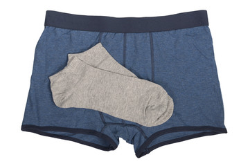 blue boxer with a pair of gray socks isolated on white