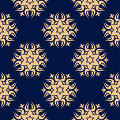 Golden floral element on dark blue background. Seamless pattern