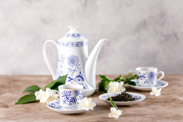 Green tea with jasmine. A beautiful tea set.