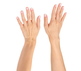 Female hand french manicure hands raised up on a white background isolation