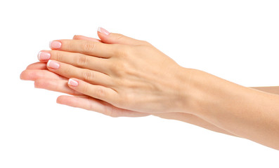 Female hand french manicure on white background isolation