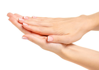 Female hand french manicure on white background isolation