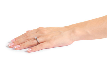 Female hand with a silver ring on a white background isolation