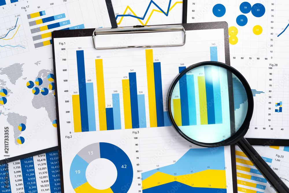 Poster Analyzing marketing reports. Gathering statistical data.Pile of reports. Many charts and magnifying glass.
