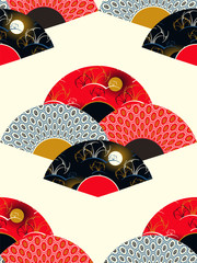 asian style seamless pattern with decorated fans in red shades
