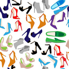 Seamless pattern of shoes and boots. Background for wrapping paper and sales packages. Vector illustration. Cartoon flat style