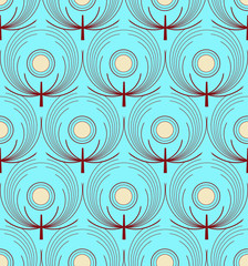 stylized peacocks feathers seamless pattern in brown and blue