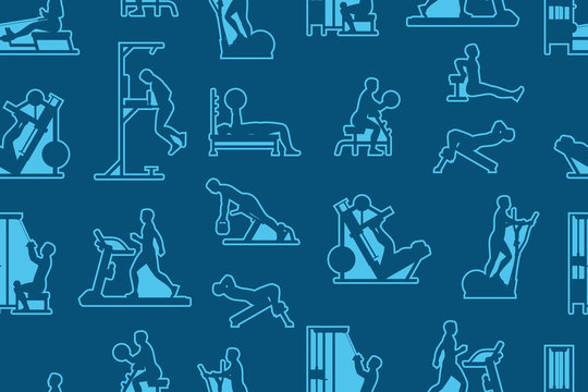 Seamless pattern with men doing exercises, thin line. isolated on blue background