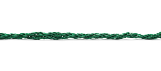 Green synthetic cord, string, rope isolated on white background texture