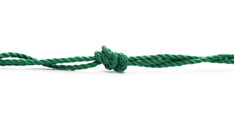 Green synthetic cord, string, rope isolated on white background texture