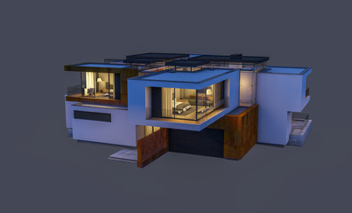 3d rendering of modern house at night isolated on gray.