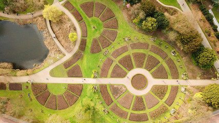 Aerial drone bird's eye view photo of iconic Regent's Park unique nature and Symetry of Queen Mary's Rose Gardens as seen from above, London, United Kingdom