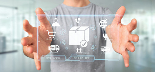 Businessman holding a logistic delivery application screen 3d rendering