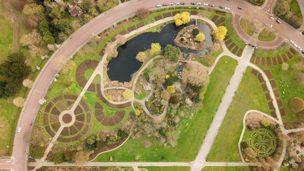 Aerial drone bird's eye view photo of iconic Regent's Park unique nature and Symetry of Queen Mary's Rose Gardens as seen from above, London, United Kingdom