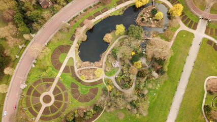 Aerial drone bird's eye view photo of iconic Regent's Park unique nature and Symetry of Queen Mary's Rose Gardens as seen from above, London, United Kingdom