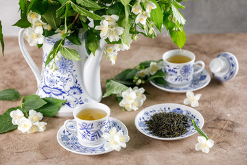 A stunningly beautiful tea set with fragrant green tea.
