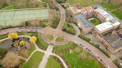 Aerial drone bird's eye view photo of iconic Regent's Park unique nature and Symetry of Queen Mary's Rose Gardens as seen from above, London, United Kingdom
