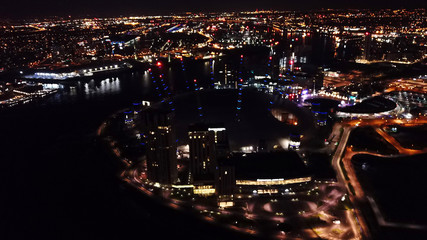 Aerial bird's eye view photo taken by drone of famous Canary Wharf skyscraper complex, Isle of...