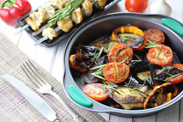 Vegetables grilled pan fried eggplant and tomatoes