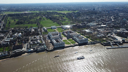 Aerial bird's eye view photo taken by drone of iconic Greenwich University and Greenwich Park,...