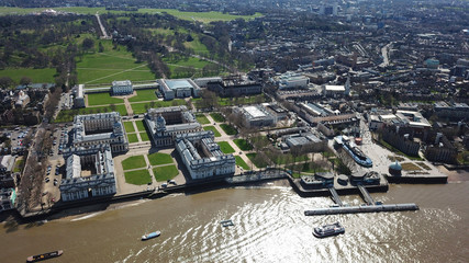 Aerial bird's eye view photo taken by drone of Greenwich village residential area by river Thames,...