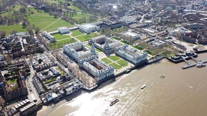 Aerial bird's eye view photo taken by drone of iconic Greenwich University and Greenwich Park,...