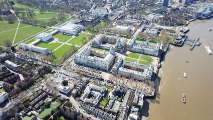 Aerial bird's eye view photo taken by drone of iconic Greenwich University and Greenwich Park,...