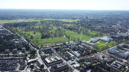 Aerial bird's eye view photo taken by drone of iconic Greenwich University and Greenwich Park, London, United Kingdom