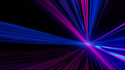 Laser beams. Speed motion on the neon glowing road at dark. Speed motion on the road. Colored light streaks acceleration. Abstract illustration. Blue and Orange Yellow motion streaks. Space gates.