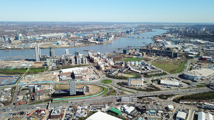 Aerial bird's eye view photo taken by drone of Greenwich village residential area by river Thames,...