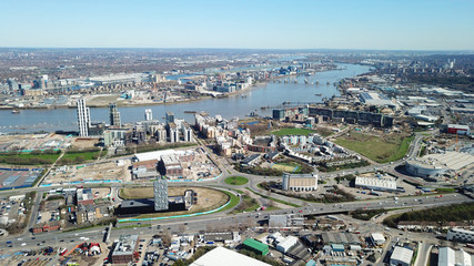 Aerial bird's eye view photo taken by drone of Greenwich village residential area by river Thames, London, United Kingdom