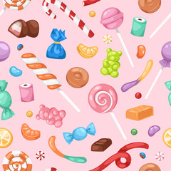 Cartoon sweet bonbon sweetmeats candy kids food sweets mega collection seamless pattern background - 211736327