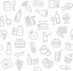 Food, seamless pattern, white, contour, grocery, vector. Food and drinks, production and sale. Vector background. Gray line icons on the white field.  