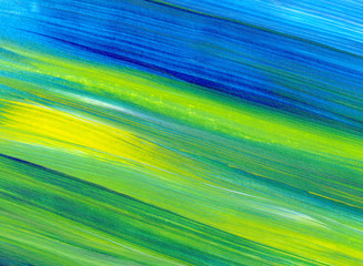 Abstract acrylic painting for use as background, texture, design element. Modern art in Mixed colours of green, blue, yellow.