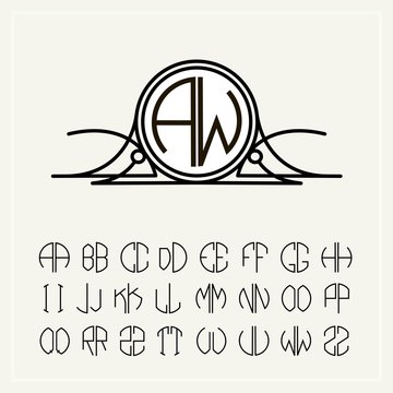 Monogram, an art nouveau label with two letters inscribed in the circle. A set of alphabet to fit in a circle. Can be used for logos, wedding designs.