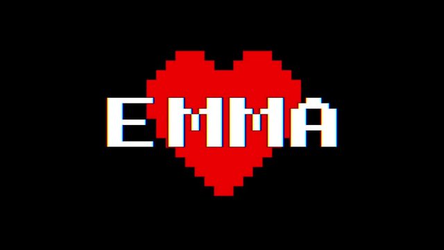 pixel heart EMMA word text glitch interference screen seamless loop animation background new dynamic retro vintage joyful colorful video footage
