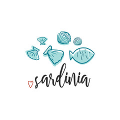 Sardinia Hand Drawn Doodle Sketch Seafood illustration. Nautical background for seafood or fish restaurants, bars, markets or festivals. Vector template