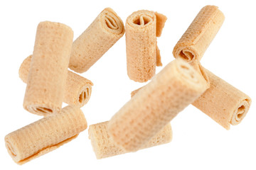Wafer rolls. Gtoup of tasty crispy tube wafer isolated on white background. Dessert