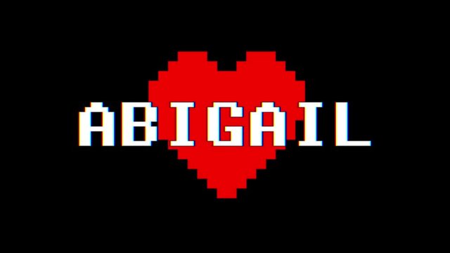 pixel heart ABIGAIL word text glitch interference screen seamless loop animation background new dynamic retro vintage joyful colorful video footage