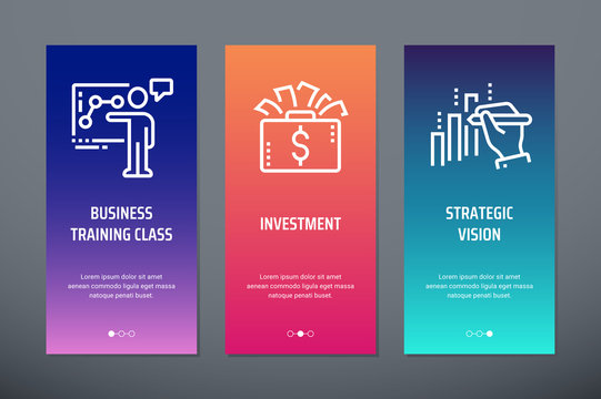 Business training class, Investment, Strategic vision Vertical Cards with strong metaphors.
