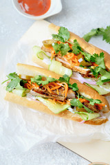 Close up of classical banh-mi sandwich with sliced grilled pork tenderloin, shredded carrots and peeled cucumbers, jalapeno peppers and cilantro on white textured background