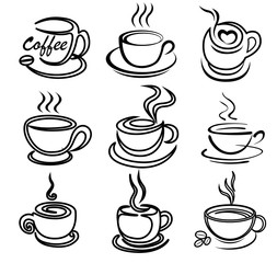 coffee cup art draw vector set for logo design, template, illustration