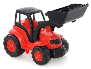 Children's plastic toy, Red-black bulldozer isolated on white
