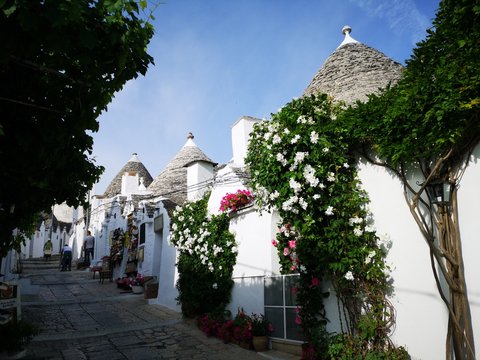 einsame Gassen, Altstadt und Sehensw&uuml;rdigkeiten von Alberobello, Apulien, S&uuml;ditalien mit Trulli und Dom im Sommer