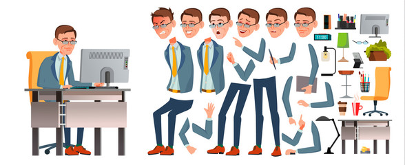 Office Worker Vector. Face Emotions, Various Gestures. Animation Creation Set. Business Man. Professional Cabinet Workman, Officer, Clerk. Isolated Cartoon Character Illustration